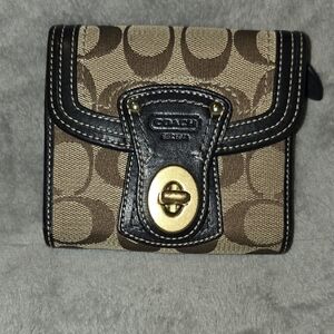 Coach Khaki and Brown Signature Turnlock Wallet with Black Trim